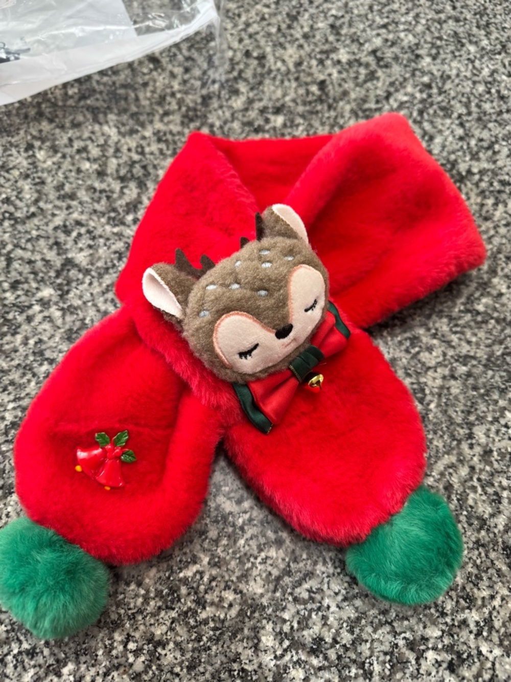 Kids Red Plush Deer Scarf with Green Pom-Poms